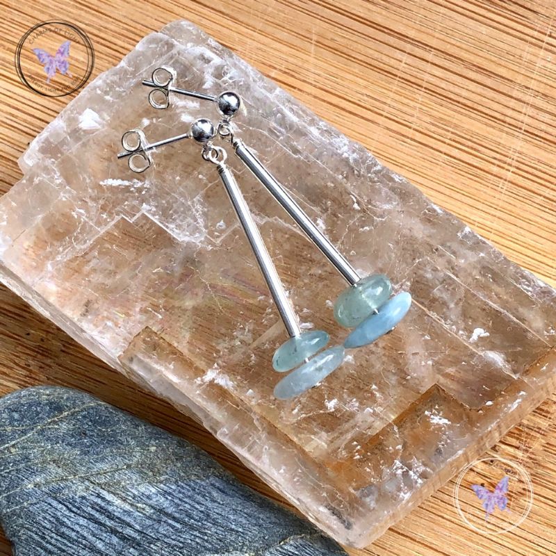 Aquamarine Chip Silver Tube Earrings